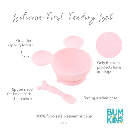 Bumkins Disney Baby Bowl, Silicone Feeding Set with Suction for Baby and Toddler, Includes Spoon and Lid, Essentials for Baby Led Weaning,for Babies 4 Months, Minnie Mouse Light Pink