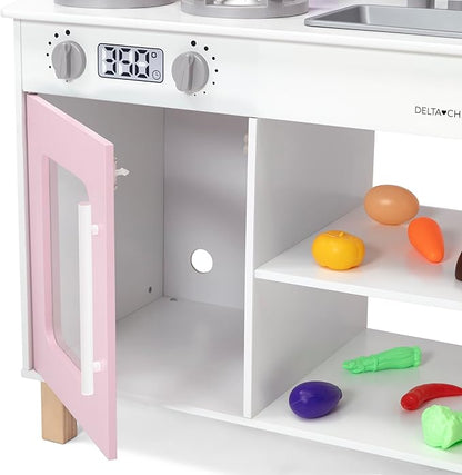 Delta Children Tiny Chef Play Kitchen - Toy Kitchen Playset with Realistic Knobs That Turn/Click, Oven, Sink, Microwave and 15 Pieces of Play Food, Pink