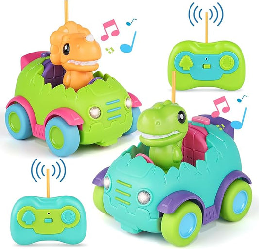Nueplay Remote Control Car for Toddler Age 2 3 4 5, Electric RC Car Toys with Light & Music, Toddler Dinosaur Toys, Dino Figures Truck Race Car Vehicles, Birthday Gift for Boys & Girls, 2 Pack Playset