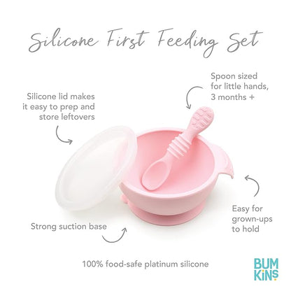 Bumkins Baby Bowl, Silicone Feeding Set with Suction for Baby and Toddler, Includes 4 Spoons and Lid, First Feeding Set, Training Essentials for Baby Led Weaning for Babies 4 Months Up, Pink