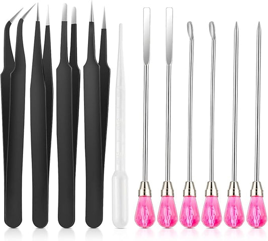 11 Pcs Silicone Resin Mold Tools Set, Tweezers Jewelry Making Kit, Stirring Needle Spoon Tool, Anti-Static Stainless Steel ESD Tweezers Precision Set for DIY Epoxy Resin Casting Craft