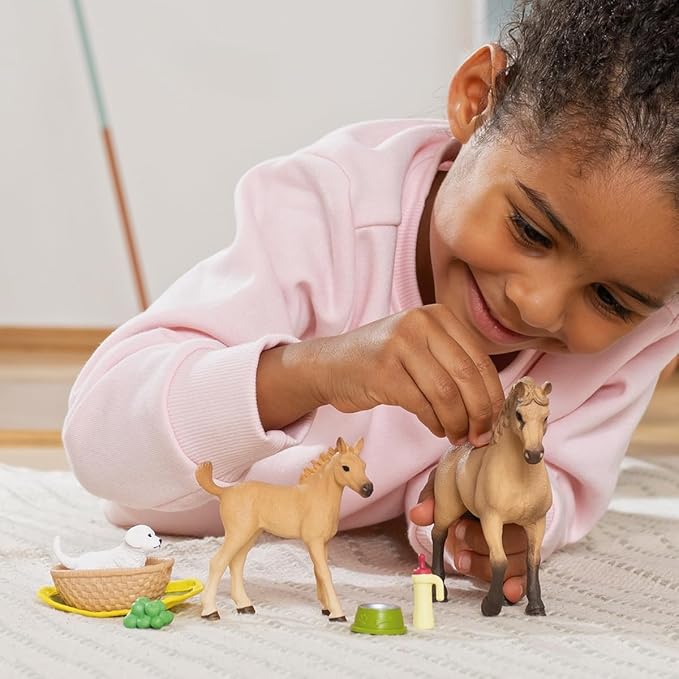 Schleich Horse Club Sarah's Baby Horse Animal Care Figurine Toy Set - Little Farm Animal Care Horse, Foal, and Puppy with Accessories Play Toy Set for Boys and Girls, Gift for Kids Age 5+