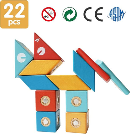 MAGBLOCK Magnetic Wooden Blocks Set, 22 Pieces STEM Travel Creativity Magnet Block Toys for 3 4 5 Year Old Age Girls Boys