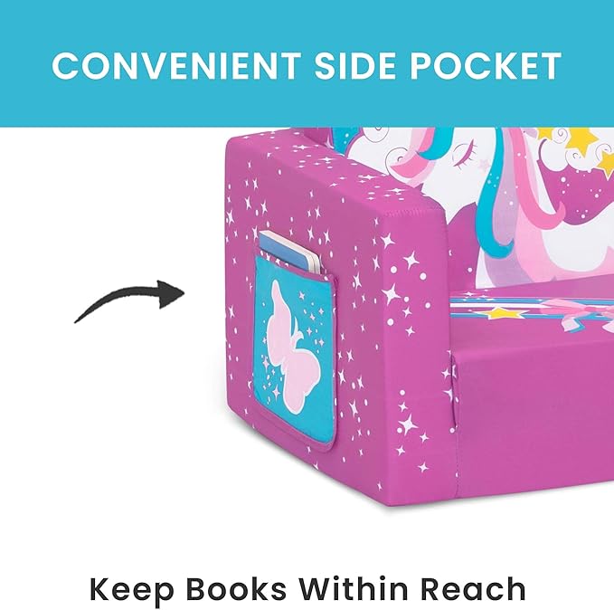 Delta Children Unicorn Cozee Flip-Out Chair For Relaxing - 2-in-1 Convertible Lightweight,Portable Chair to Lounger for Toddlers & Kids