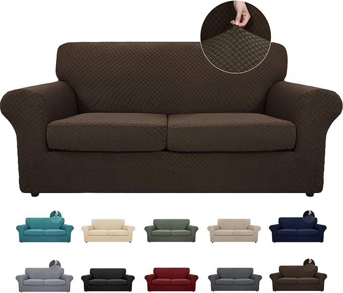MAXIJIN 3 Piece Stretch Couch Covers for 2 Cushion Couch Sofa Slipcovers with 2 Extra Large Seat Cushion Couch Jacquard Loveseat Sofa Couch Cover for Dogs (2 Cushion Sofa, Dark Coffee)