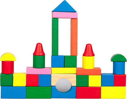 Wooden Blocks - 100 Pc Wood Building Block Set with Carrying Bag (Rainbow Colored)- 100% Real Wood in 7 Colors and 14 Shapes - Stack, Build and Store- Fun Gift, Back to School Project