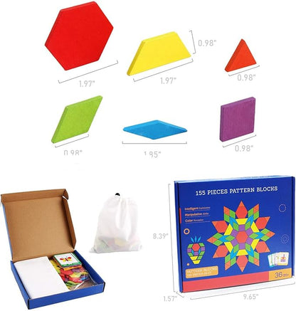 Set of 155 Wooden Pattern Blocks Geometric Manipulative Shape Puzzle Kindergarten Graphical Classic Educational Montessori Tangram Toys for Kids Ages 3+ Jigsaw Puzzles Gift with 24 Pcs Design Cards