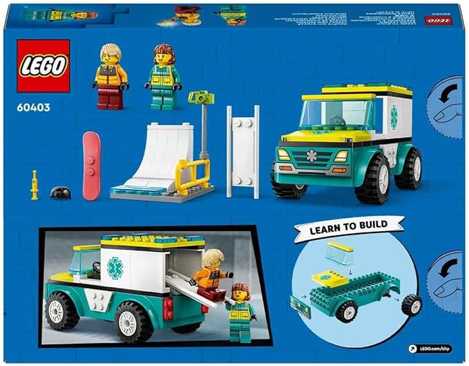 Lego 60403 City Ambulance and Snowboarder Toy Present, Blocks for Boys, Girls, Children, 4, 5, 6, Ambulance, Skateboarding, Skateboarding, Pretend Play