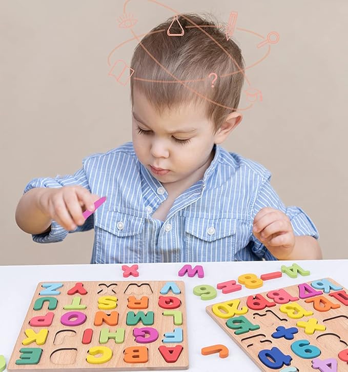 Wooden Toddler Puzzles 2 Packs Kids Educational Learning Toys Preschool Puzzles Letters Alphabet Number for 1 2 3 4 5 Year Old Boy Girl Toddler Children Gifts