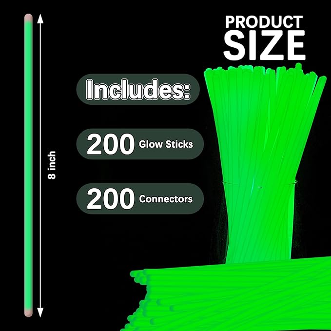 Green Glow Sticks Bulk,200 Pcs Glow Bracelets and Glow Necklaces with Connectors,Glow in The Dark Party Supplies,Glow Party Favors,Glowsticks for Party Christmas Carnival Birthday (8 Inch)