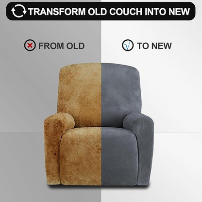 FestiCorp Recliner Chair Covers Real Velvet 4-Pieces Recliner Covers for Small Lazy Boy Recliner Chair Stretch Recliner Sofa Slipcovers Furniture Protector with Side Pocket & Elastic Bottom, Grey