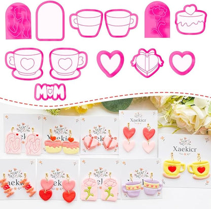 Mother’s Day Polymer Clay Cutters & Stamps Set - 12pcs Sharp & Durable Tea Cup, Cake, Heart, MOM & Silhouette Shapes for DIY Earring Jewelry Making, Soft Clay Crafts & Holiday Supplies