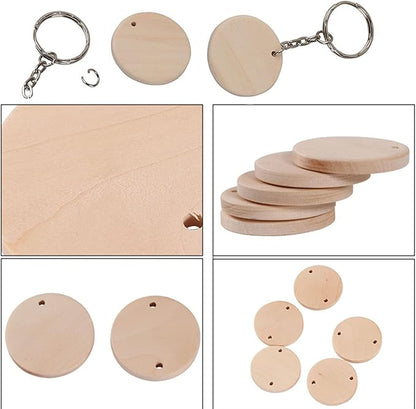 100Pcs Round Wood Circles with Keychain,Blank Round-Shaped Wooden Keychain Set with 100Pcs Wood Blanks,100Pcs Keychain Rings with Chain,100Pcs Open Jump Rings for DIY Crafts Decorations Ornaments