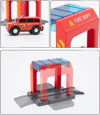 Fire Station Playset Toy for Wooden Train Track,Creative City Firestation Shed Railway Accessories Preschool Learning Educational Pretend Toys for Toddler Kids