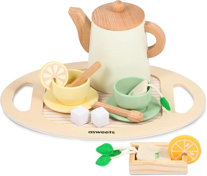 Asweets Wooden Tea Set for Little Girls,Tea Party Set Play Kitchen Accessories for Kid Playset Pretend Toddler Tea Set Toy