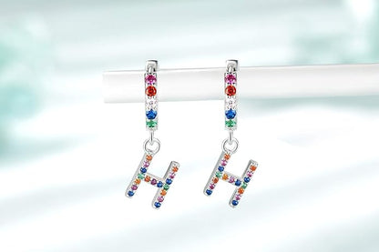 Presentski Initial Earrings 925 Sterling Silver Colorful Huggie Small Hoop Earrings Rainbow CZ Drop Dangle Simple Alphabet Earrings S925 Hypoallergenic Earring Letter A-Z for Daughter Women