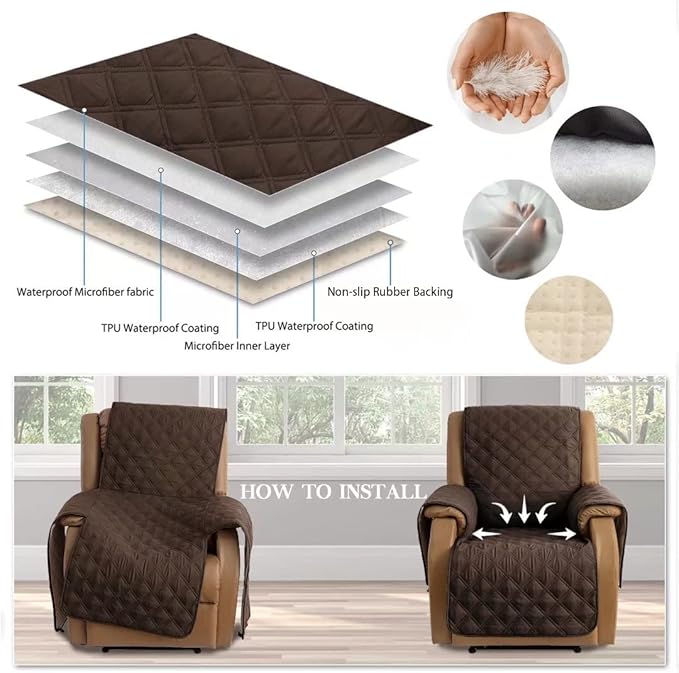 TOMORO Non-Slip Oversized Recliner Cover, 100% Waterproof Quilted Recliner Chair Slipcover Furniture Protector with Pockets, Washable Couch Cover with Elastic Straps for Kids and Pets