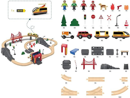 Giant bean 72PCS Fire Station Wooden Train Tracks & Train Set, Gift Packed Toy Railway Kits for Kids, Toddler Boys and Girls 3,4,5 Years Old and Up, Christmas Birthday Gift Toy for Kids