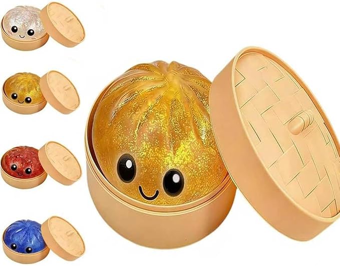 Glitter Dumpling Squishy, 2026 New Bun Squeeze Stress Relief Ball with Steamer Box for Stress Relief, More Surprises (Yellow)