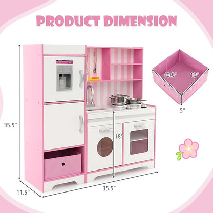 KOTEK Play Kitchen with Lights and Sounds, Wooden Toddler Kitchen Playset w/Ice Maker, Washing Machine, 16 Accessories & Stove, Chef Pretend Play Toy Kitchen Set for Kids Girls & Boys Ages 3+ (Pink)