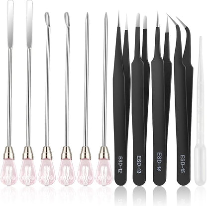 11 Pcs Resin Spoon Tools Kit-Metal Stir Sticks Resin Spoons Poke Needle with Anti-Static Stainless Steel Precision Tweezers Set for Resin Crafts,Jewelry Making,DIY Epoxy Silicone Resin Molds(Pink)