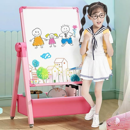 Harmoniousplay Kids Double Sided Easel Double Sided Magnetic Whiteboard and Chalkboard Adjustable Height Art Easel Ages 2 and Up (Pink)