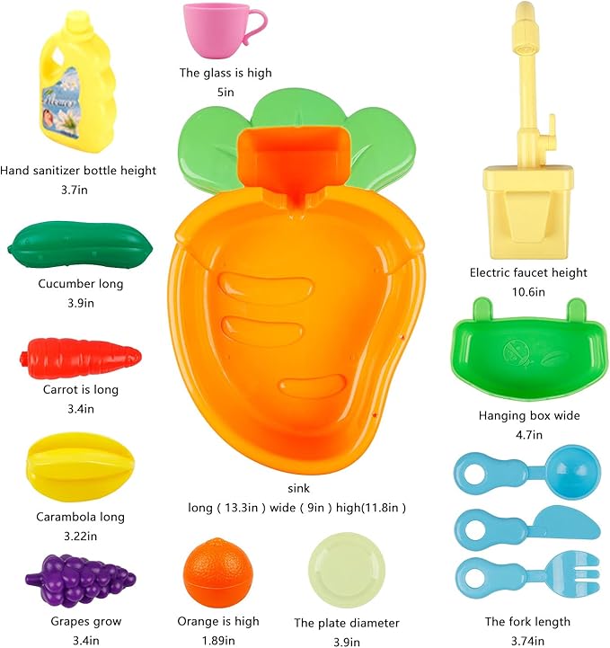 Ruibytree Play Kitchen Sink Toy, Water Toys for Kids with Electronic Dishwasher, Pretend Play Utensils Accessories and Play Cutting Food for Boys and Girls (Cute Carrot)