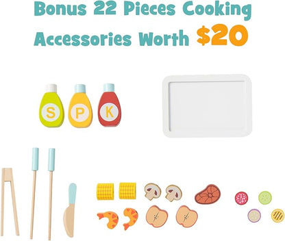 INFANS Kids Grill Playset, Wooden Pretend BBQ Toy Set with 21 Food Accessories, Role Play Kitchen Cooking Set Gift for Toddlers Boys Girls Age 3+