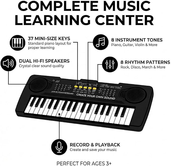 Raimy Piano Keyboard for Kids, 37 Keys Portable Keyboard Piano Early Learning Educational Electronic Musical Instrument Toys Gifts for 3 4 5 6 7 8 9 Year Old Boys and Girls (Black)