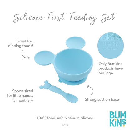 Bumkins Disney Baby Bowl, Silicone Feeding Set with Suction for Baby and Toddler, Includes Spoon and Lid, Essentials for Baby Led Weaning,for Babies 4 Months, Mickey Mouse Light Blue