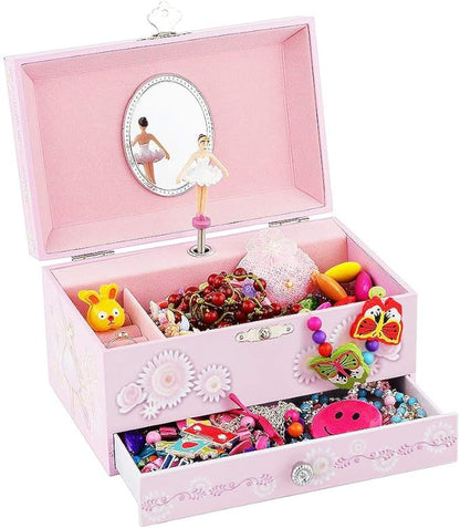 RR ROUND RICH DESIGN Kids Musical Jewelry Box for Girls with Drawer and Jewelry Set with Ballerina Theme - Swan Lake Tune Pink