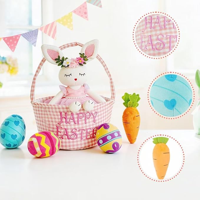 Easter Basket Gift Stuffed Baskets Toys,5 Pack Easter Egg Carrot Plush Toys,Baby Gift Baskets Egg Hunt Toy Easter Party for Baby Toddler Kids (Pink Basket)