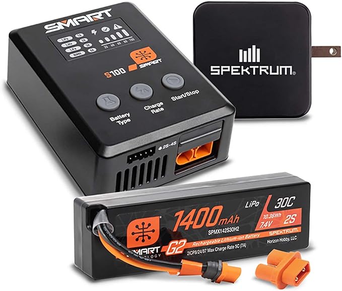 Spektrum Accessories Smart Powerstage Bundle: 1400mAh 2S 30C LiPo Battery (IC2) / S100 Charger / 65W Power Block/Adapter, SPMXPSS215
