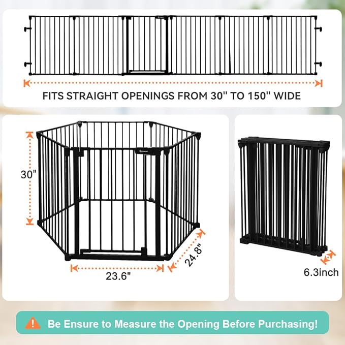 COMOMY 150" Extra Wide Baby Gate with Door, Dog Gates for The House Doorways Fireplace, Auto Close Baby Fence Play Area, Walk Through Pet Gate, Hardware Mounted Baby Gate, 6-Panels (30" Tall, Black)