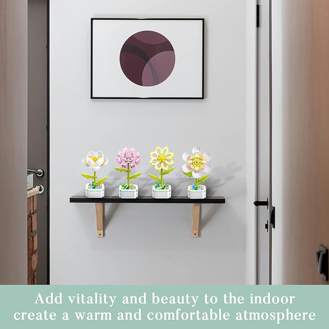 Flower Bouquet Building Set with Base, Flower Building Set Artificial Plant Flowers Building Blocks for Home Office Decor, Birthday Gifts, Desktop Trinkets Age 6+