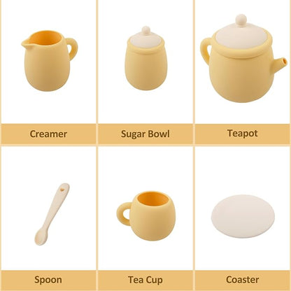 MCGMITT Toy Tea Set, Silicone Tea Party Set for Little Girls Boys, 15 Pcs BPA Free Dishwasher Safe Pretend Tea Set for Toddlers Kids Age 3-6, Non Breakable Cute Toy Kitchen Accessories for Children