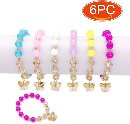 Elesa Miracle 6pc Little Girl Teens Kids Butterfly Pendant Beaded Bracelet Value Set Kids Girl Party Favor Pretend Play Bracelet