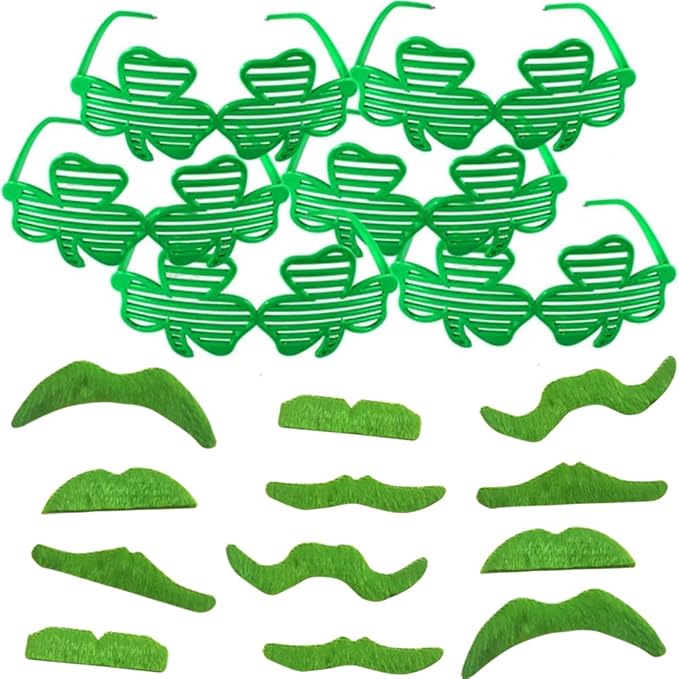 108PCS St. Patrick's Day Party Favor Dressing-up Accessories with Shamrock Eyeglasses Beaded Necklace Temporary Tattoos Mustache Bracelets Set