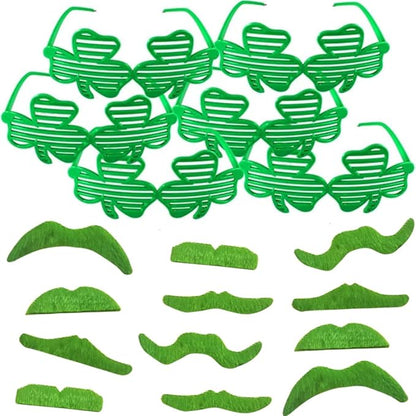108PCS St. Patrick's Day Party Favor Dressing-up Accessories with Shamrock Eyeglasses Beaded Necklace Temporary Tattoos Mustache Bracelets Set