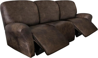 Leather Look Recliner Couch Cover 8-Piece Recliner Sofa Slipcovers 3 Seater for Reclining Couches Furniture Protector Spandex Fabric Washable (Recliner Sofa, Brown)