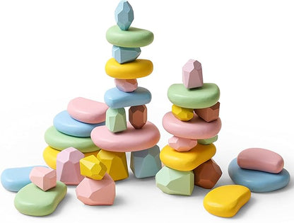 OESSUF 34PCs Stacking Rocks Balancing Stacking Stones Wooden Stacking Toys Wooden Stone Stacking Game for Toddler Wood Sorting Montessori Stacking Rocks for Kids