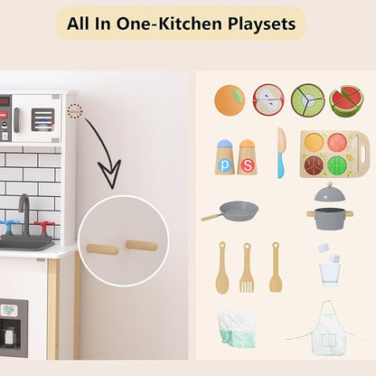 Play Kitchen for Kids, Wooden Kitchen Playset with Fruit Set, Light, Stove, Sink and Accessories, Interactive Toy Kitchen Gift for Boys Girls, White