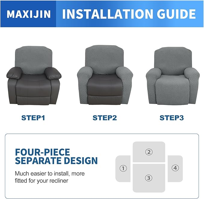MAXIJIN Recliner Cover Slipcovers for Living Room 4 Pieces Stretch Jacquard Recliner Chair Cover Soft Fitted Recliner Protector with Elastic Bottom for Kids, Pets (Recliner, Light Gray)