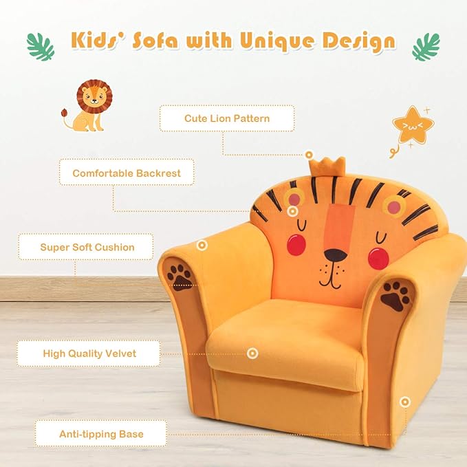 Costzon Kids Couch, Children's Sofa Armrest Chair with Pattern, Toddler Furniture w/Sturdy Wood Construction, Preschool, Lightweight Kids Couch Sofa Chair for Aged 1-5 Boys & Girls Gifts, Lion