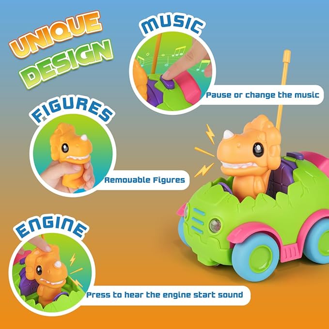 Nueplay Remote Control Car for Toddler Age 2 3 4 5, Electric RC Car Toys with Light & Music, Toddler Dinosaur Toys, Dino Figures Truck Race Car Vehicles, Christmas Birthday Gift for Boys & Girls