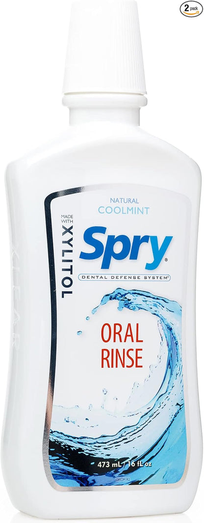Spry Xylitol Mouthwash Fluoride Free, Oral Rinse with Enamel Support, Natural Cool Mint - 16 fl oz (Pack of 2)