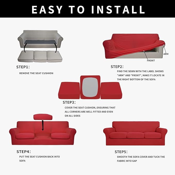 Easy-Going 100% Dual Waterproof Oversized Cover Stretch Soft Couch Cover for Dogs, Sofa Slipcover for 3 Separate Cushion Couch Leakproof Furniture Protector for Kids Christmas Red