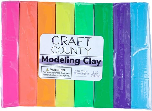 Craft County Modeling Clay – 1 lb (Eight Assorted Color Bars) – Use for Claymation, Models, and Stop Motion (Neons)