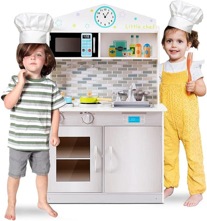 OLAKIDS Kids Kitchen Playset, Wooden Play Kitchen for Toddlers with Real Sounds, Stove Microwave Oven Sink Faucet, Large Storage Cabinet, Pretend Play Toys Cooking Gift for Boys Girls (Silver)