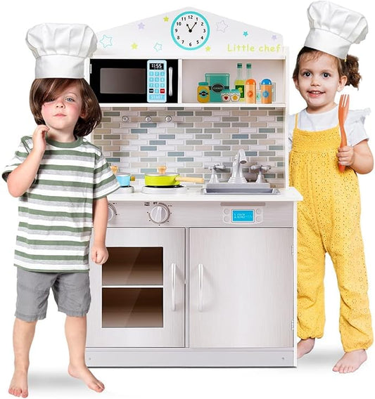 OLAKIDS Kids Kitchen Playset, Wooden Play Kitchen for Toddlers with Real Sounds, Stove Microwave Oven Sink Faucet, Large Storage Cabinet, Pretend Play Toys Cooking Gift for Boys Girls (Silver)